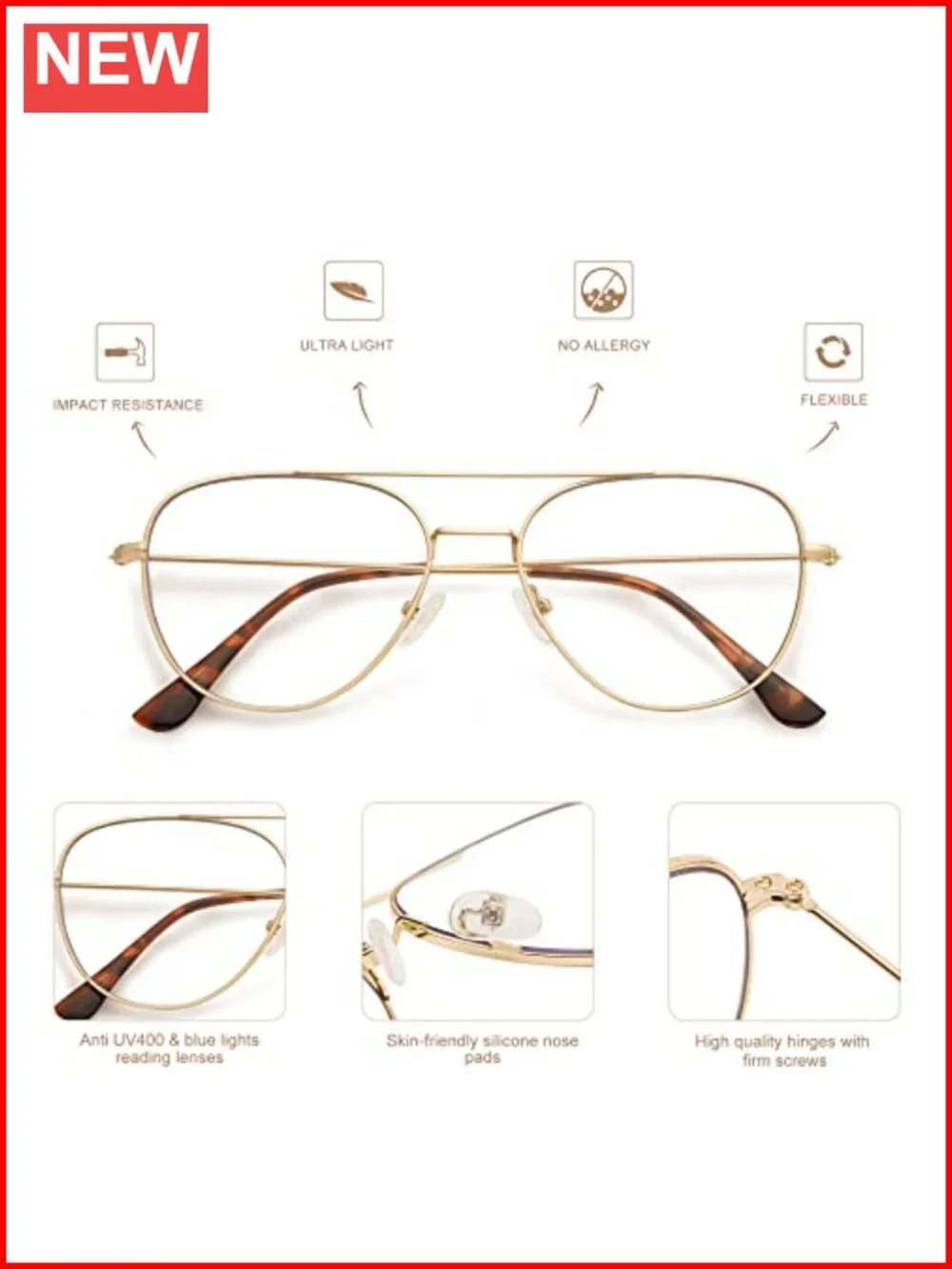 3-Pack Retro Aviator Reading Glasses Blue Light Blocking Computer Readers Metal